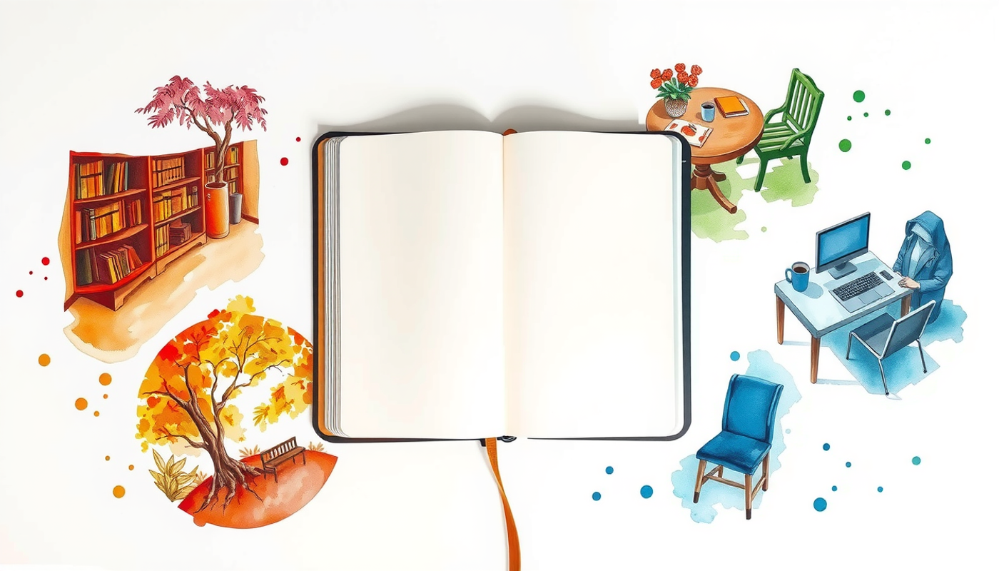 Bird's-eye view of an open notebook surrounded by diverse study environments.