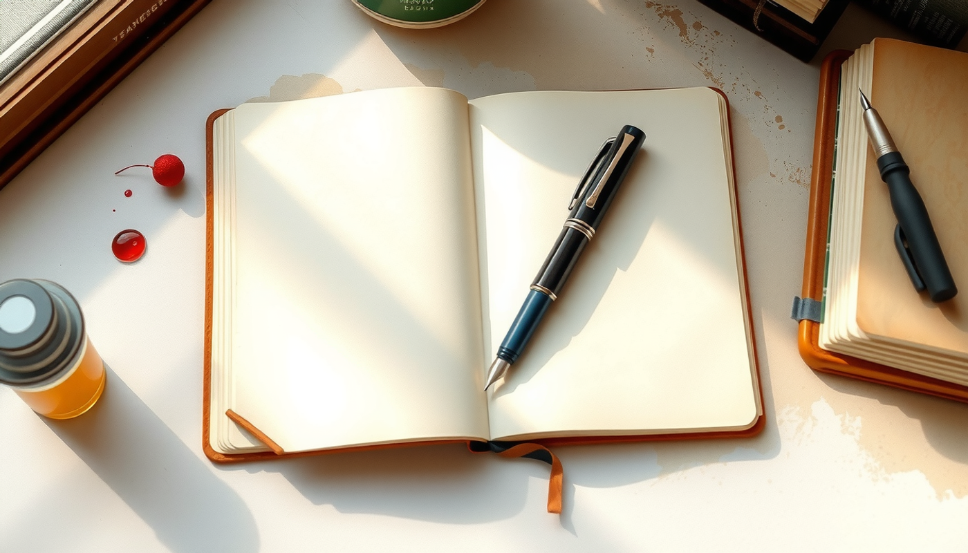 Open leather-bound notebook on a wooden desk with a fountain pen.
