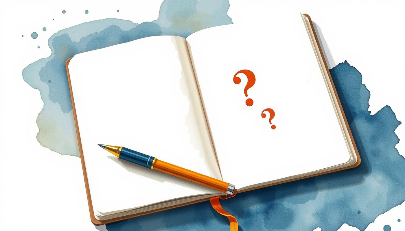 Open blank notebook on dark desk with glowing question marks.
