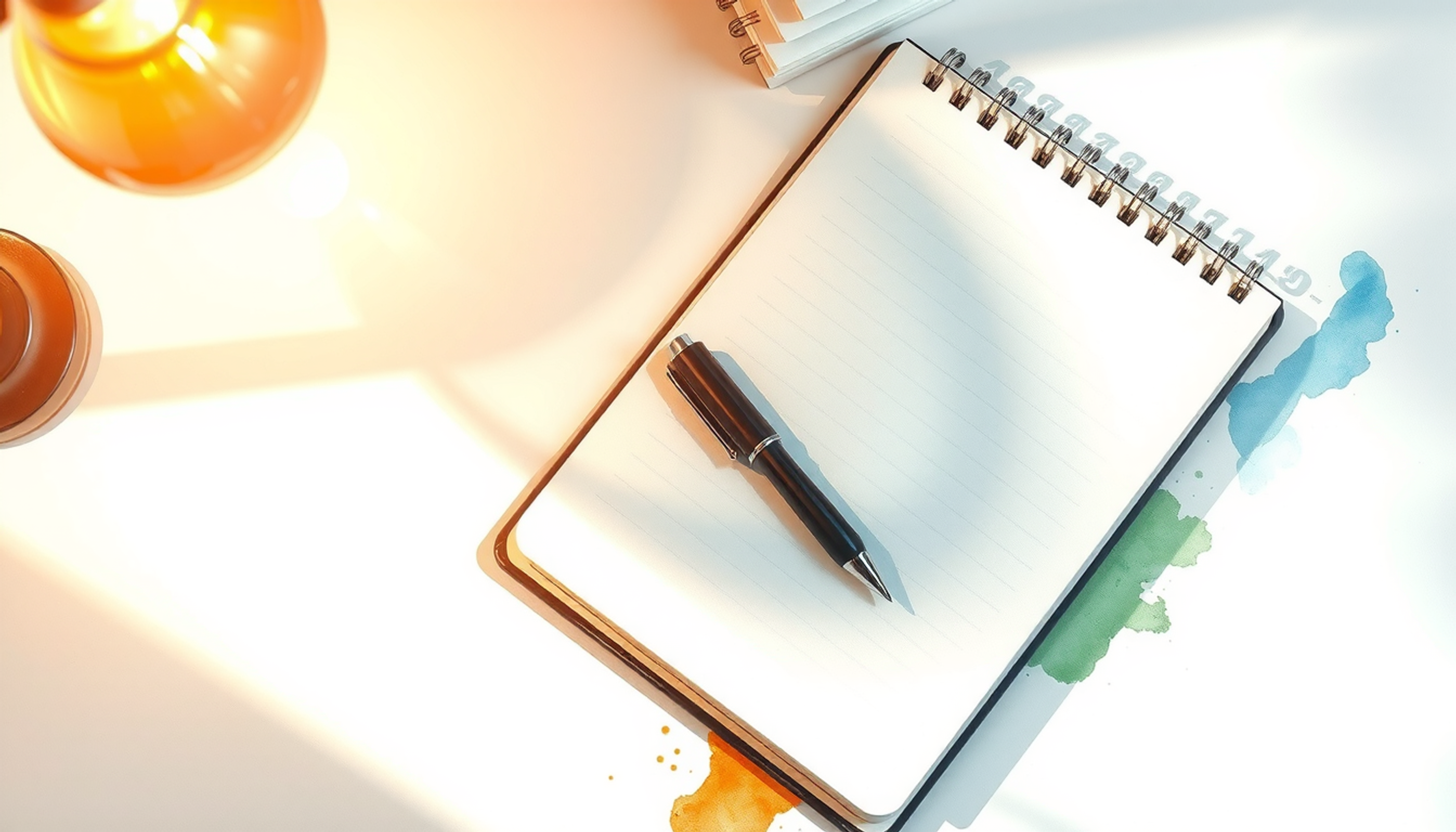 Open notebook and flashcards with a pen, warm desk lighting.