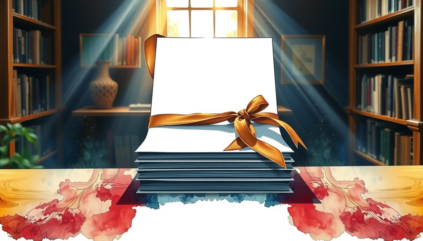 Tall stack of blank paper sheets tied with a faded ribbon.