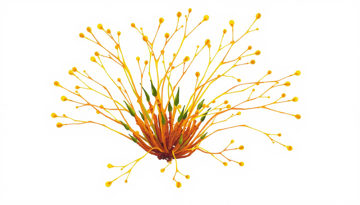 Pale gold filaments with bright green shoots emerging at the base.