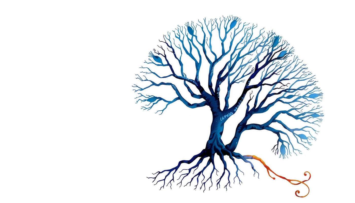 Purkinje cell in deep indigo on cream paper, resembling pressed fern.