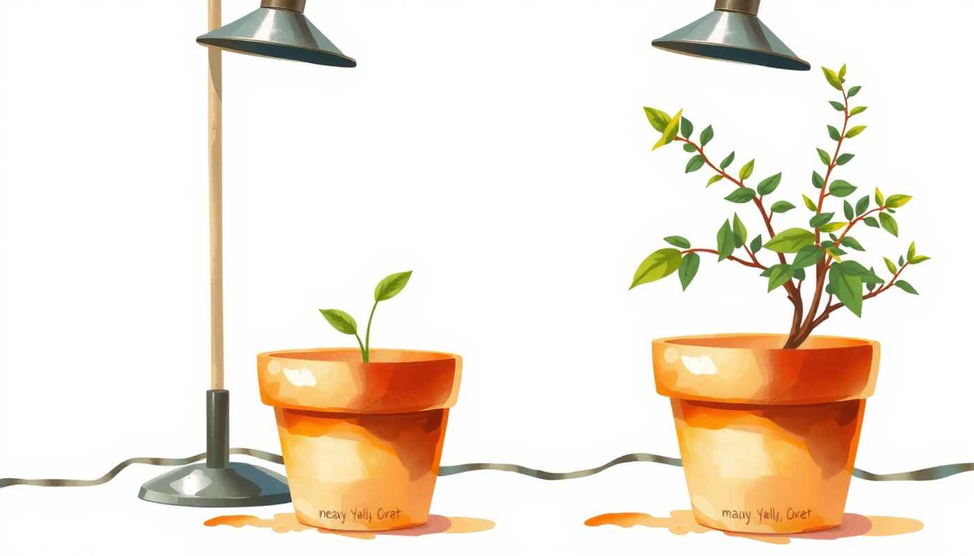 Identical seedlings in pots growing at different rates under lamps.