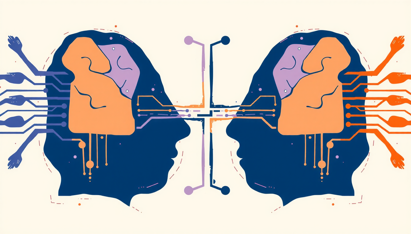 Human brain and AI chip mirroring with flowing text streams.
