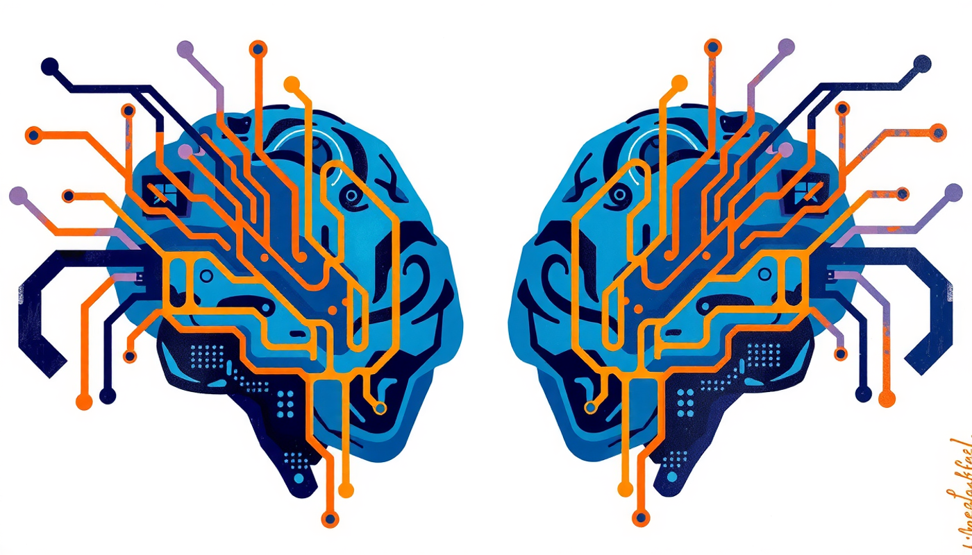 Human brain and circuit board reflecting similarities and differences.