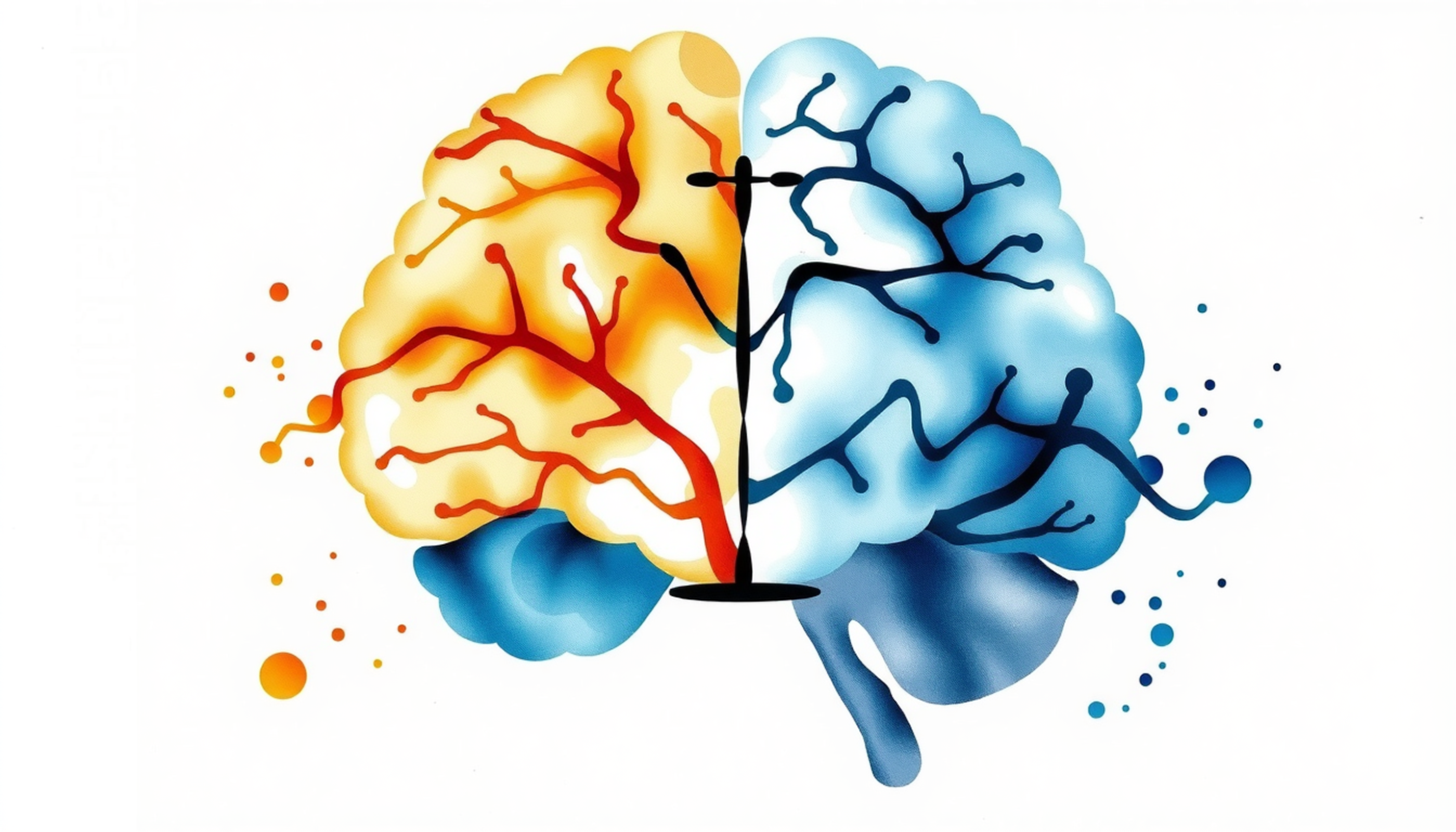 Brain divided into bright organized pathways and chaotic tangled connections.