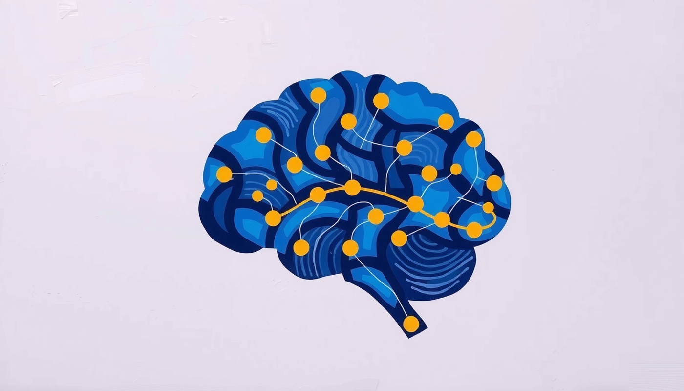 Brain-shaped circuit board with glowing nodes on a timeline.