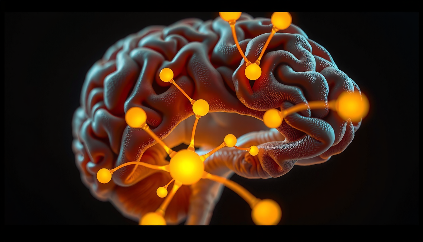 Cross-section of human brain highlighting key regions and neurotransmitter pathways.
