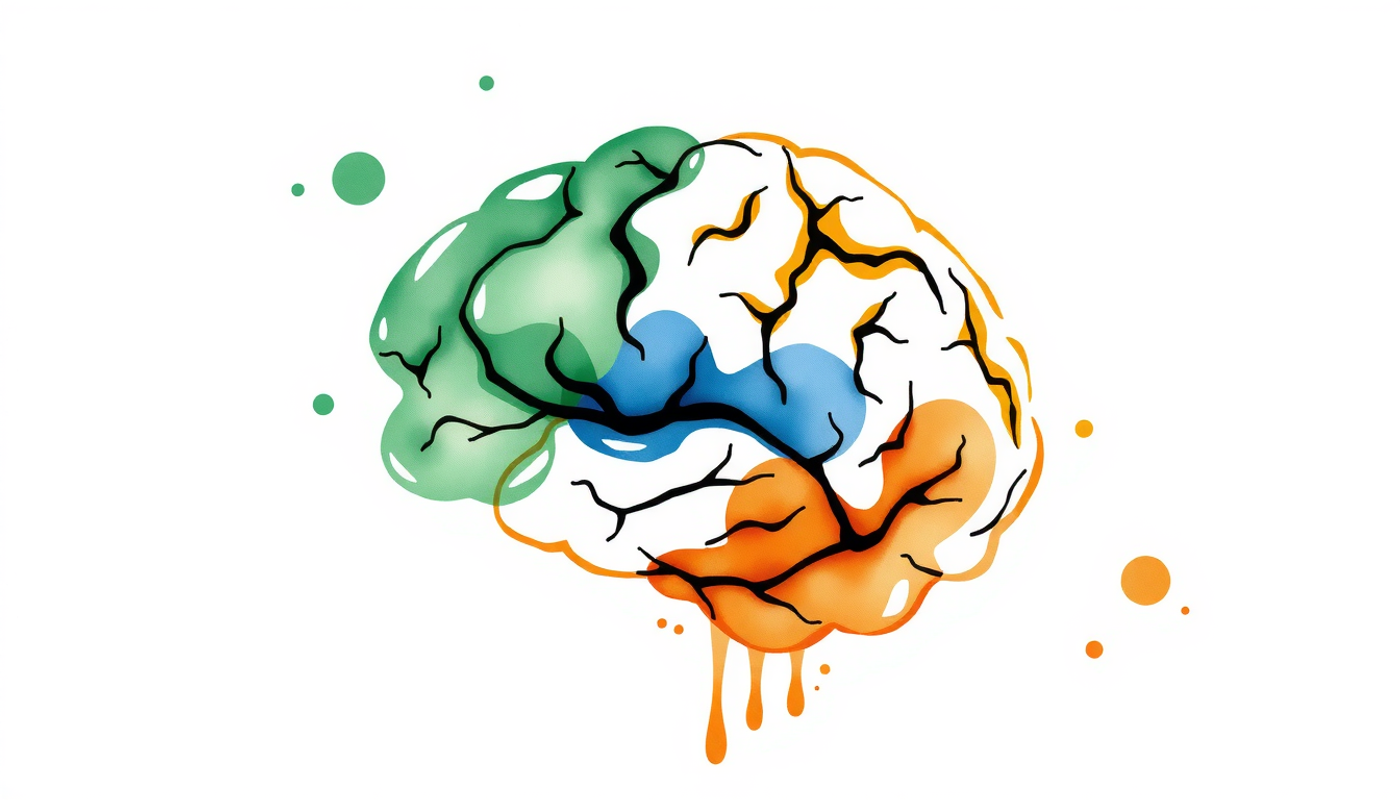 Stylized brain cross-section highlighting colorful regions and fiber pathways.