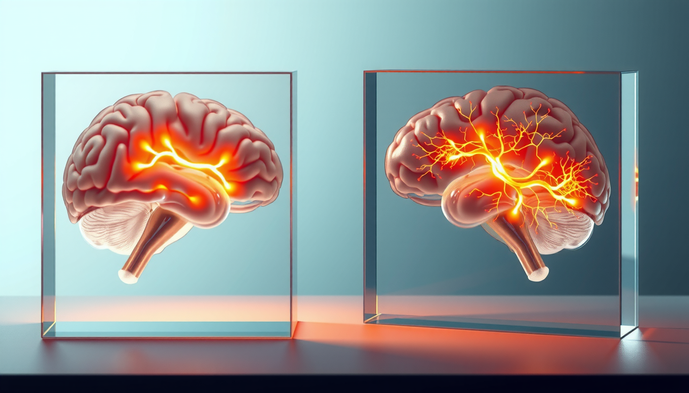 Abstract brain cross-sections highlighting amygdala and hippocampus neural pathways.
