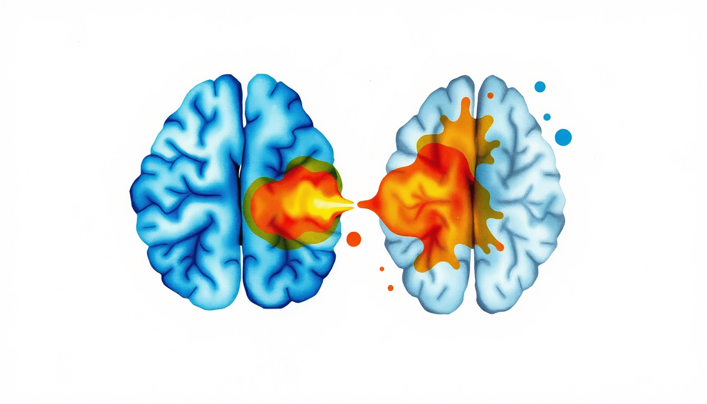 Two brain cross-sections highlighting healthy and fragmented white matter tracts.