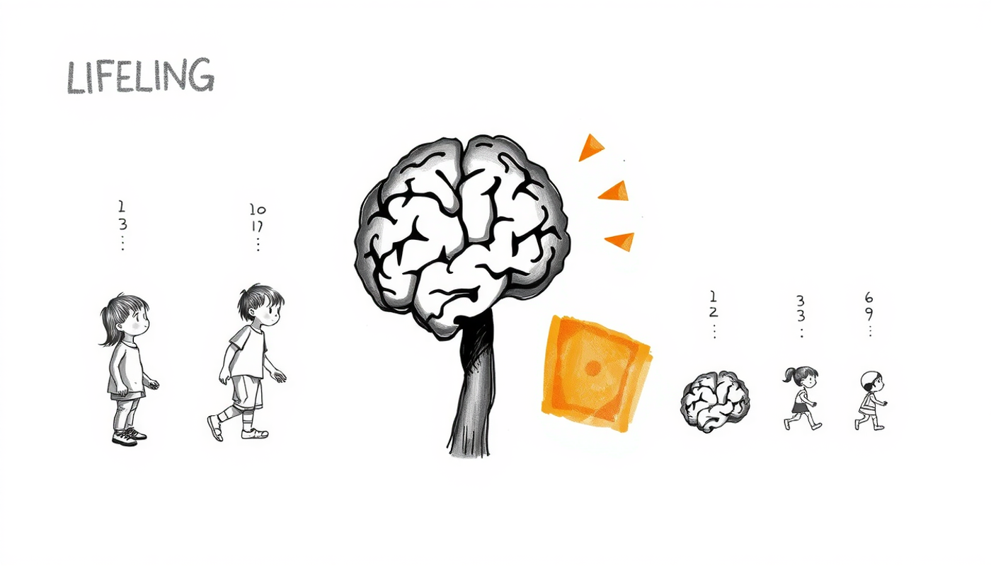 Gehirnentwicklung über Lebensspannen mit variierenden Lernstärken in warmem Infografik-Stil.