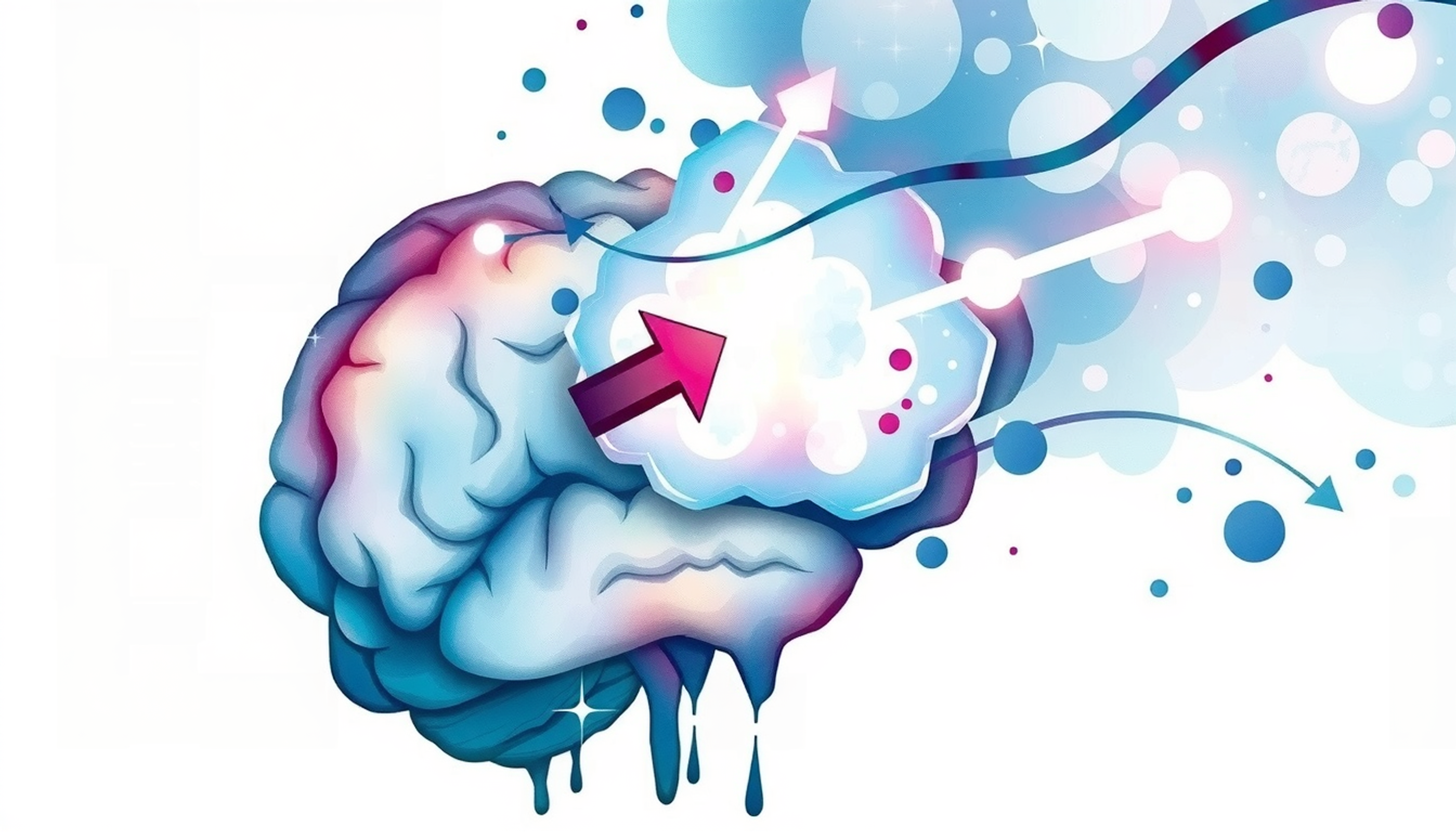 Brain directing an arrow towards a glowing digital cloud of data.