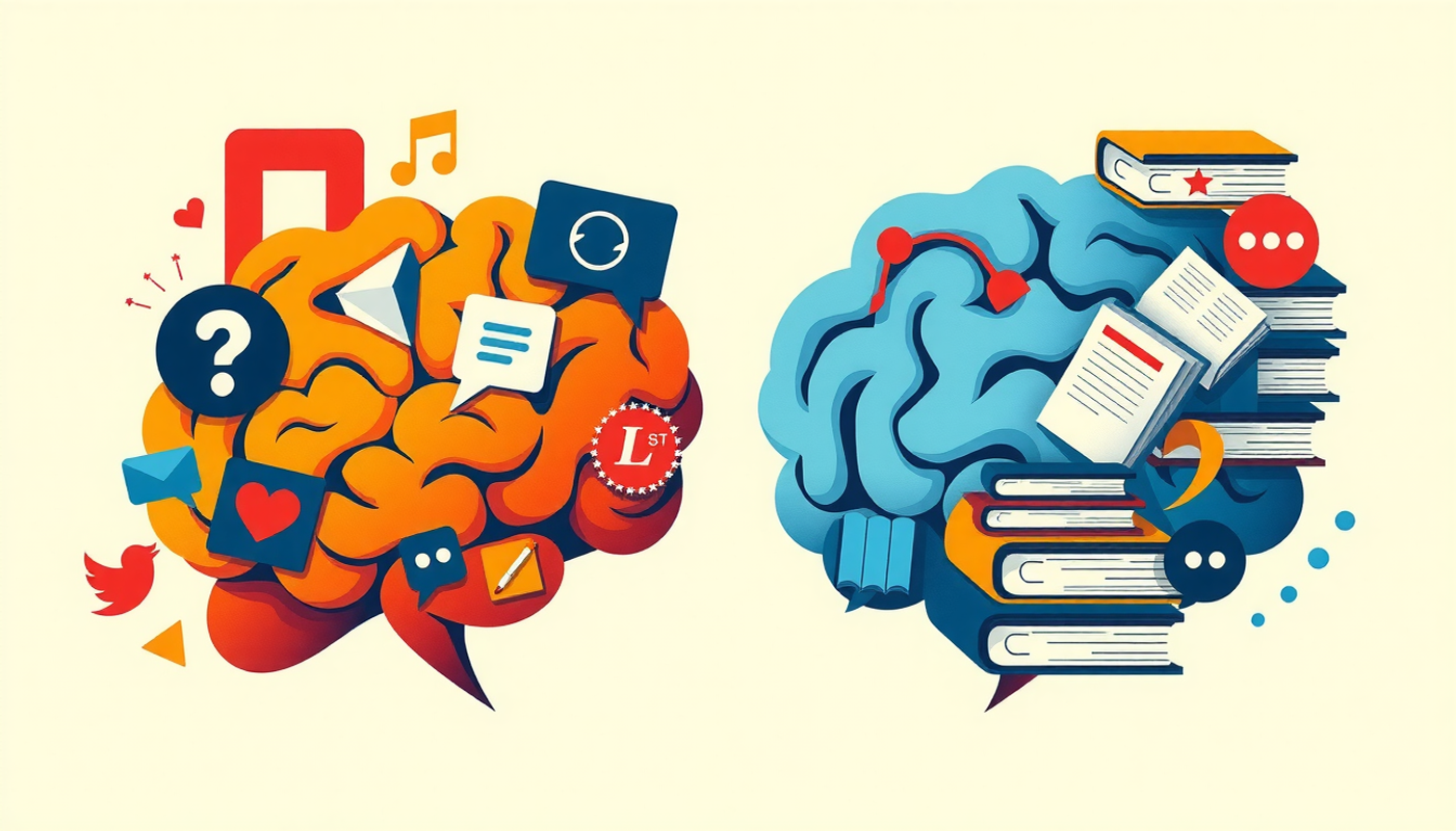 Brain split into chaotic distractions and calm study materials.