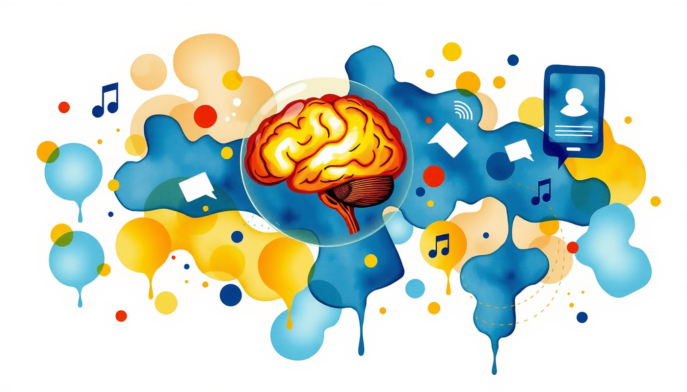Brain encased in a bubble, glowing with focus amid distractions.