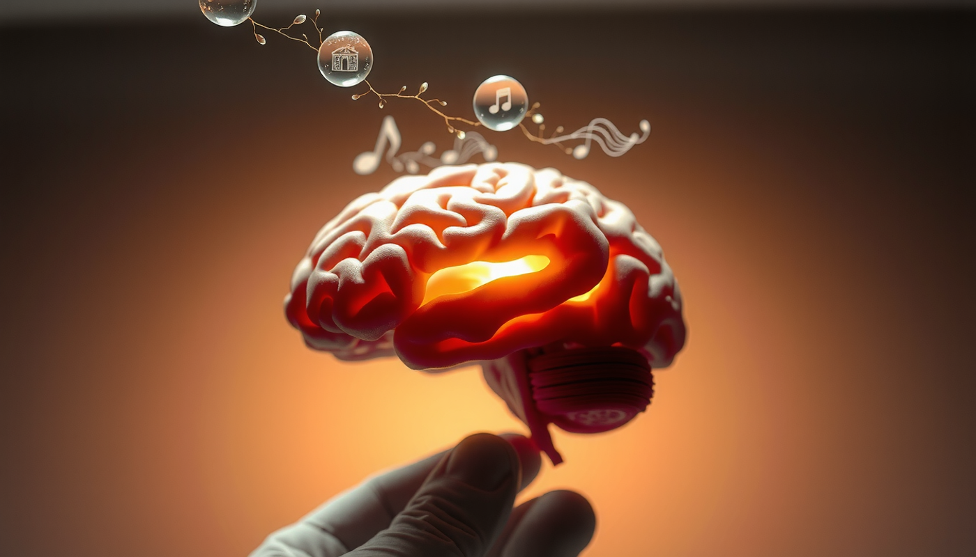 Cross-section of a glowing hippocampus with neural pathways and sensory icons.