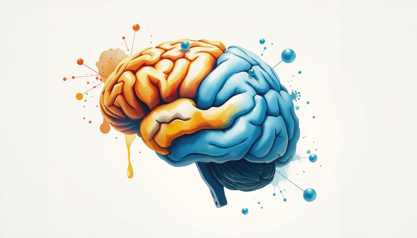 Brain in space, half golden light, half cool blue, blending colors.