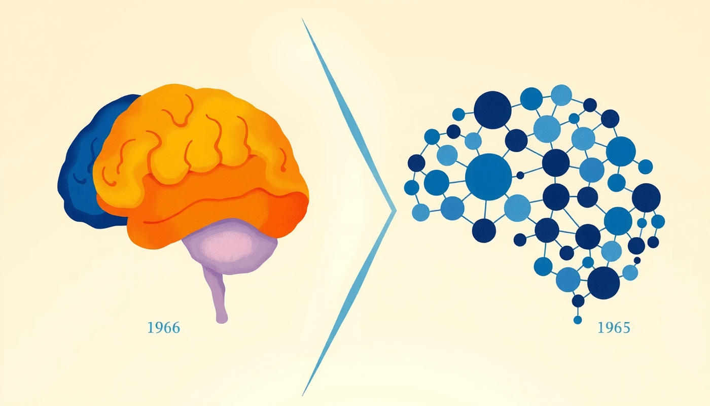 Evolution of brain language models from 1860s to modern neuroimaging.