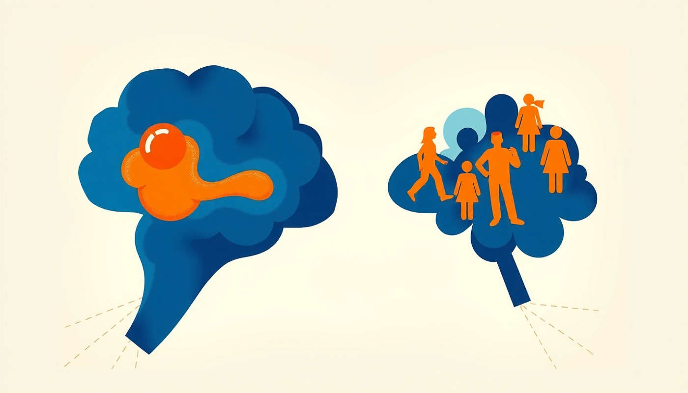 Brain with glowing language module versus socially influenced language development.