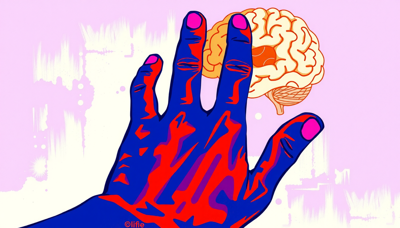 Hand with missing finger and colorful brain map showing cortical reorganization.