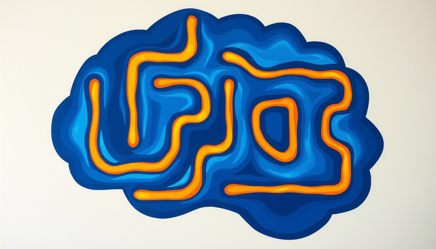 Abstract brain-shaped maze with glowing pathways in deep blue and gold.