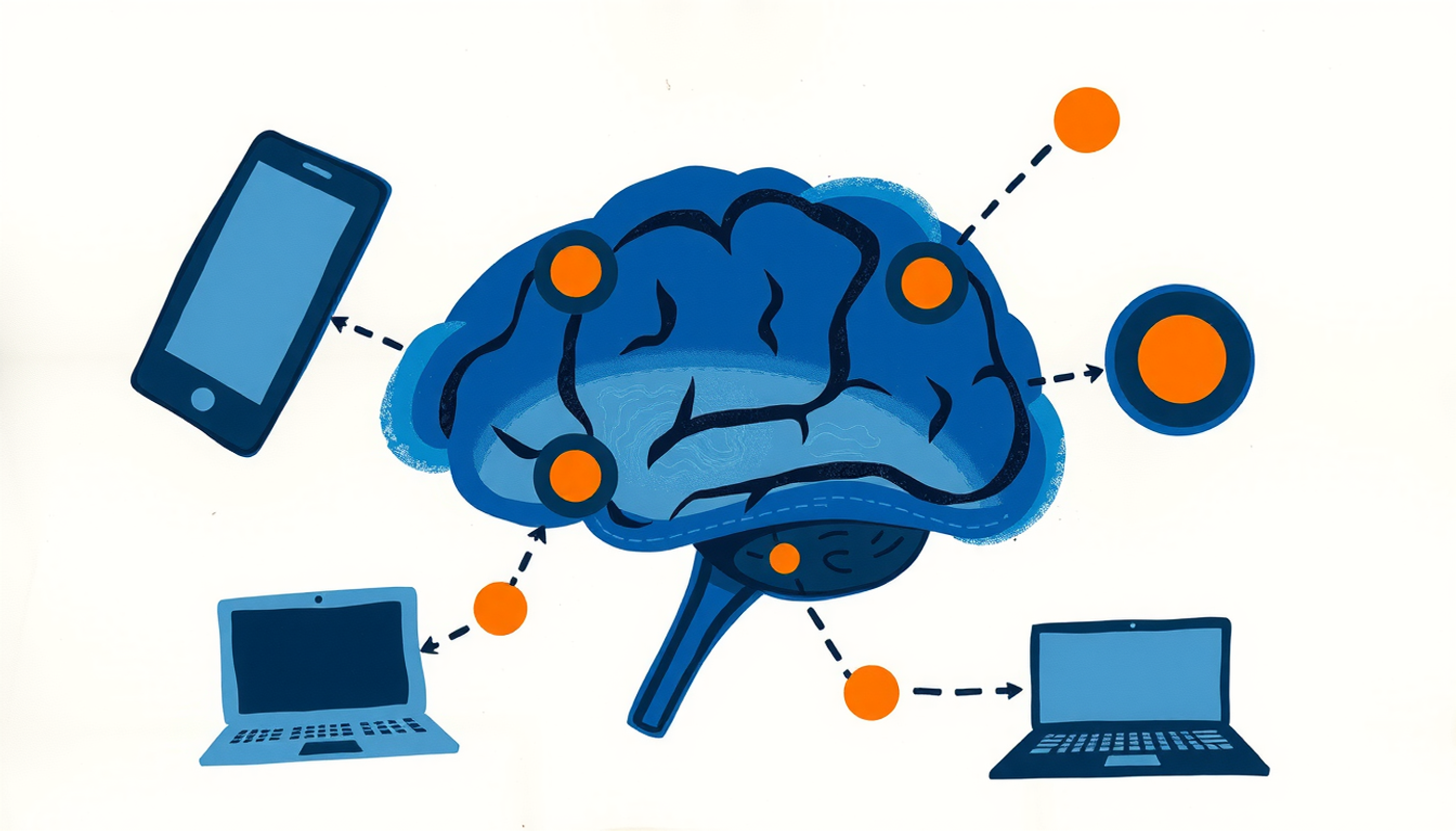 Infographic showing device icons linked to a central brain icon.