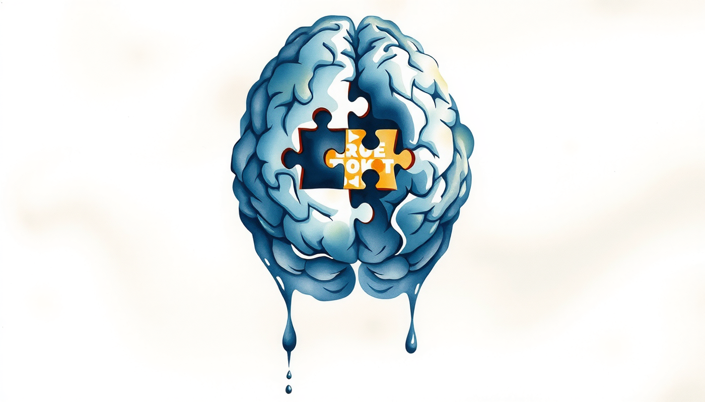 Mirror reflecting a brain with hidden gaps and puzzle pieces.