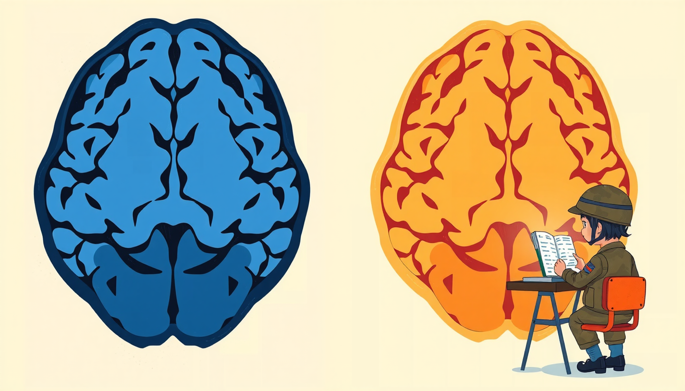 Before and after brain MRI comparison highlighting growth in language training.