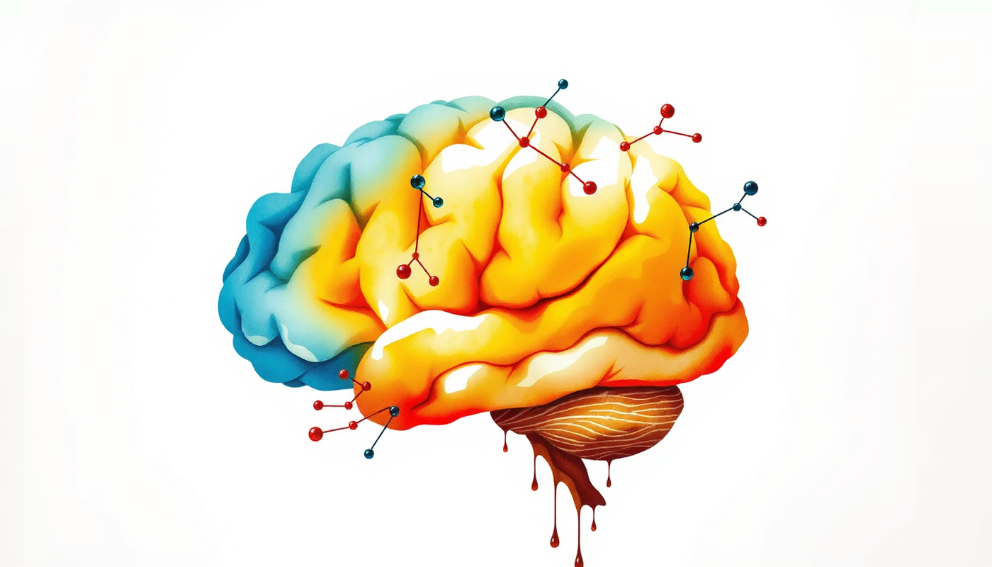 Top-down view of a glowing brain network map with highlighted regions.