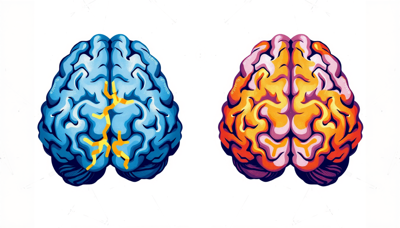 Brain split-screen showing fading neural connections versus glowing pathways.