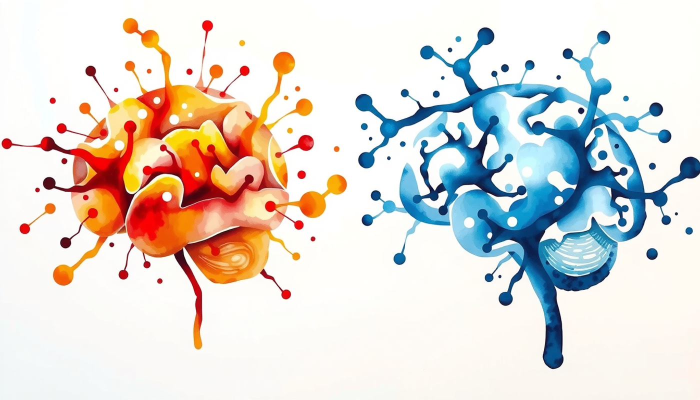 Side-by-side brain cross-sections showing chaotic and organized neural activity.