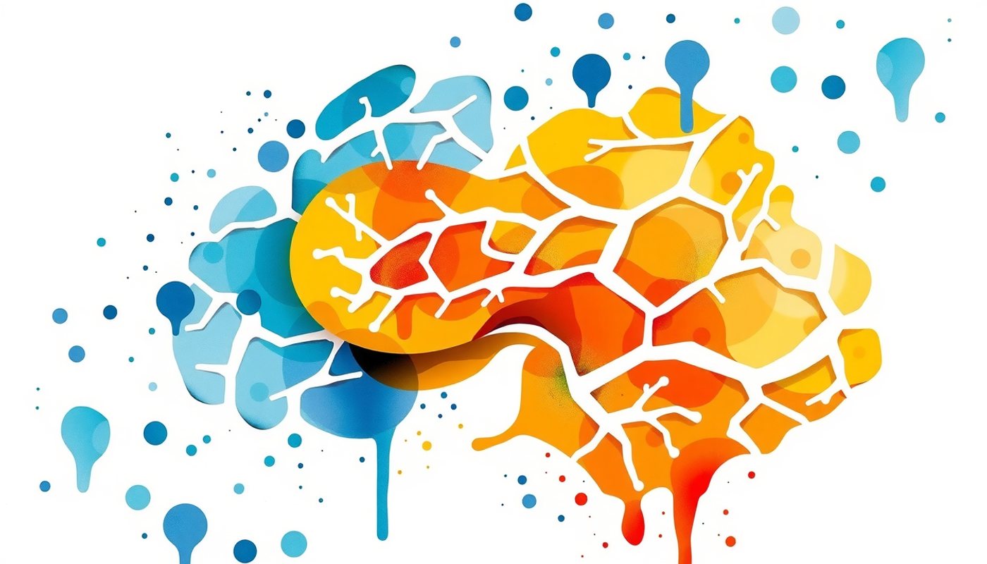 Cross-section of brain highlighting neural networks and key regions.
