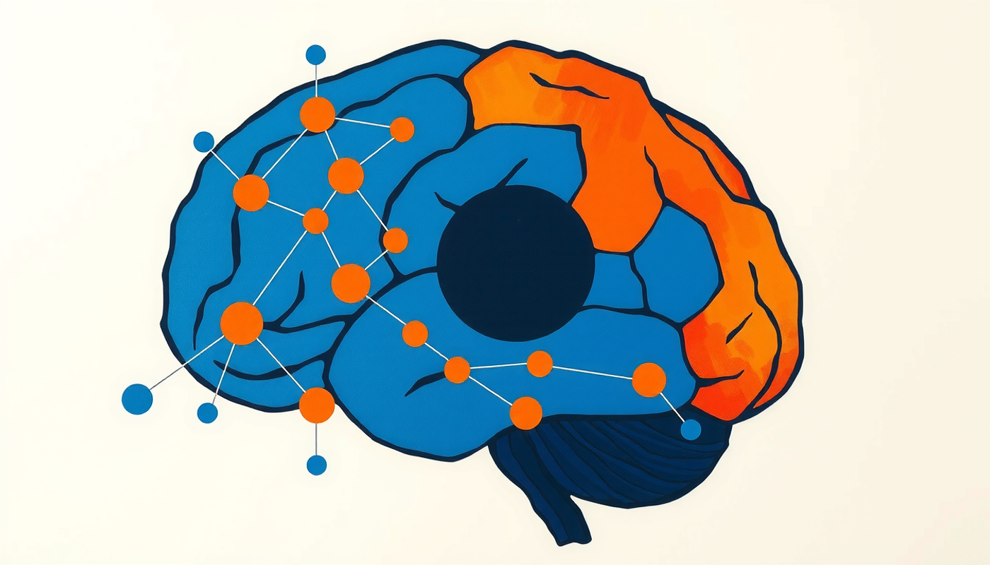 Coupe du cerveau humain avec voies neuronales lumineuses en bleu et or.