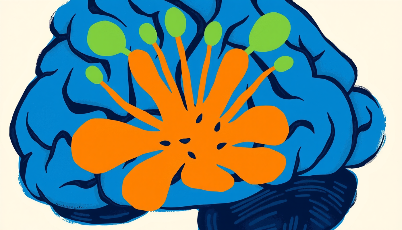 Brain with green sprouts representing neuroplasticity and recovery in watercolor.