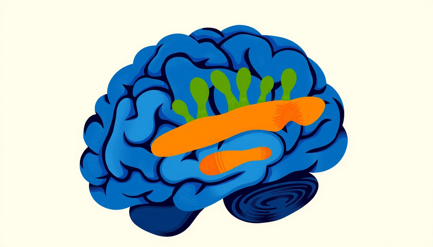 Brain with green sprouts symbolizing neuroplasticity and recovery in warm colors.