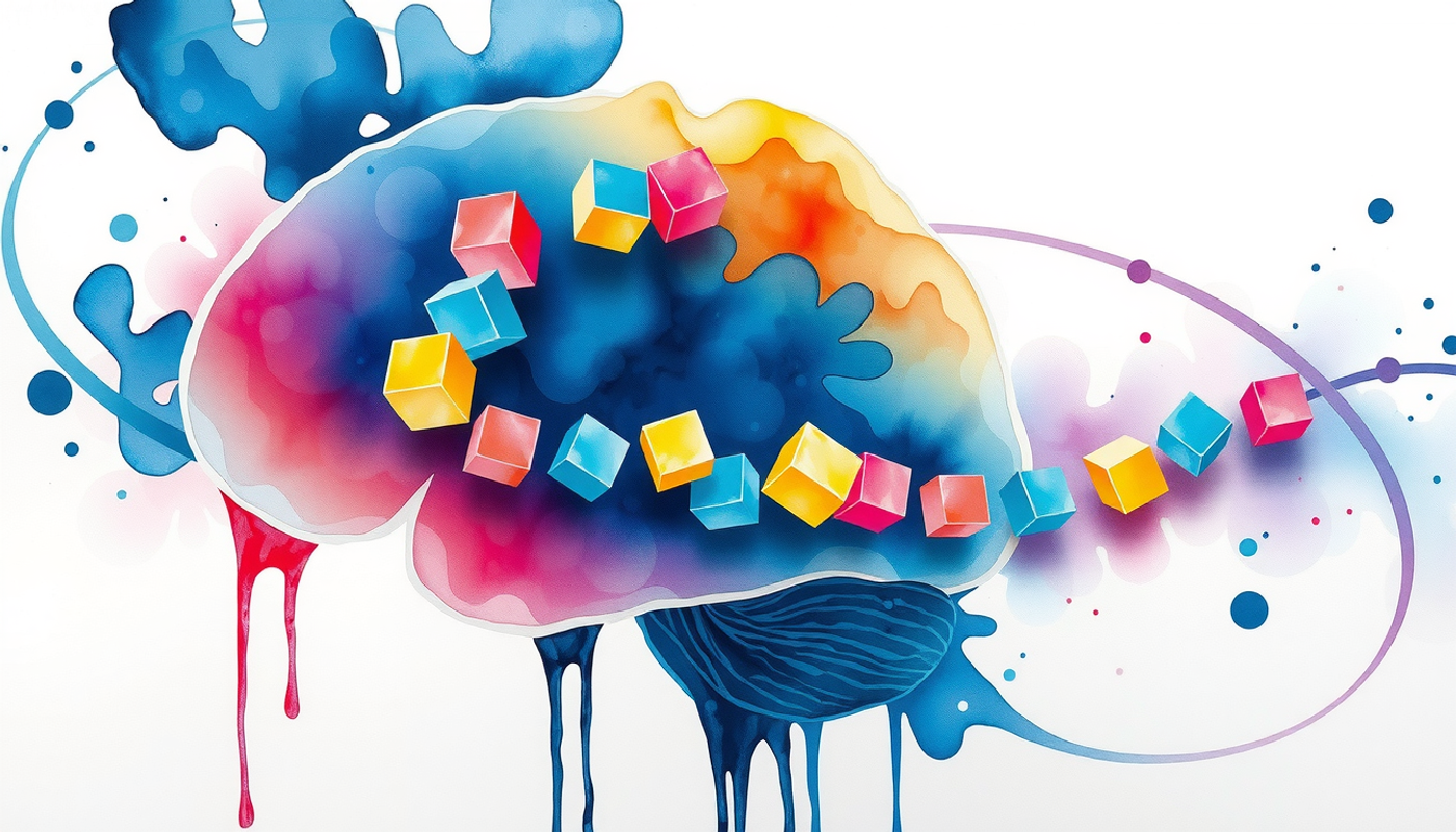 Translucent brain cross-section highlighting the phonological loop with colorful blocks.