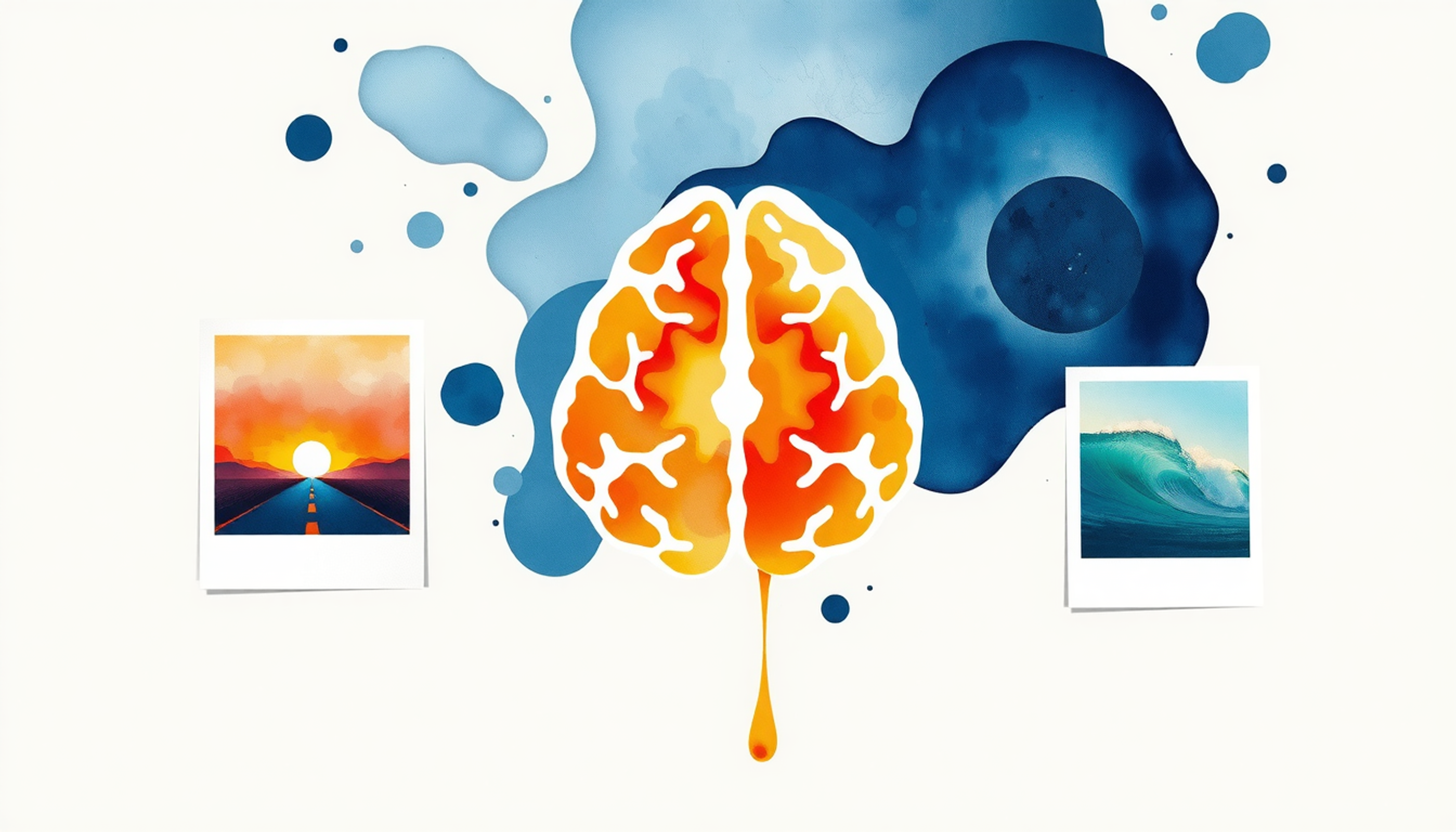 Cross-section of a brain highlighting memories in amber frames.