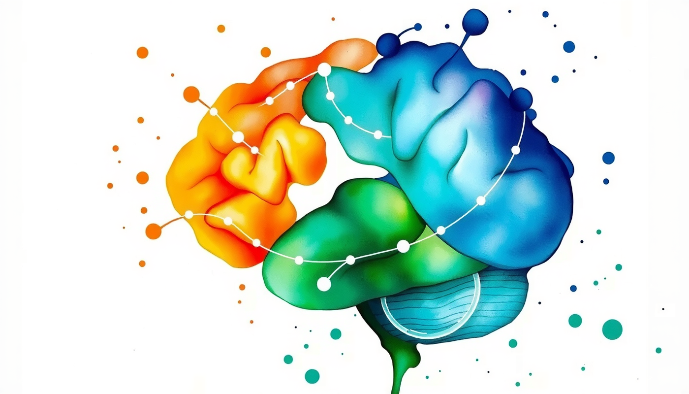 Top-down view of a brain highlighting key regions in vibrant colors.