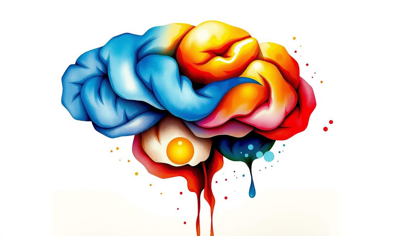 Calm blue prefrontal cortex moderates warm amber amygdala's emotional glow.
