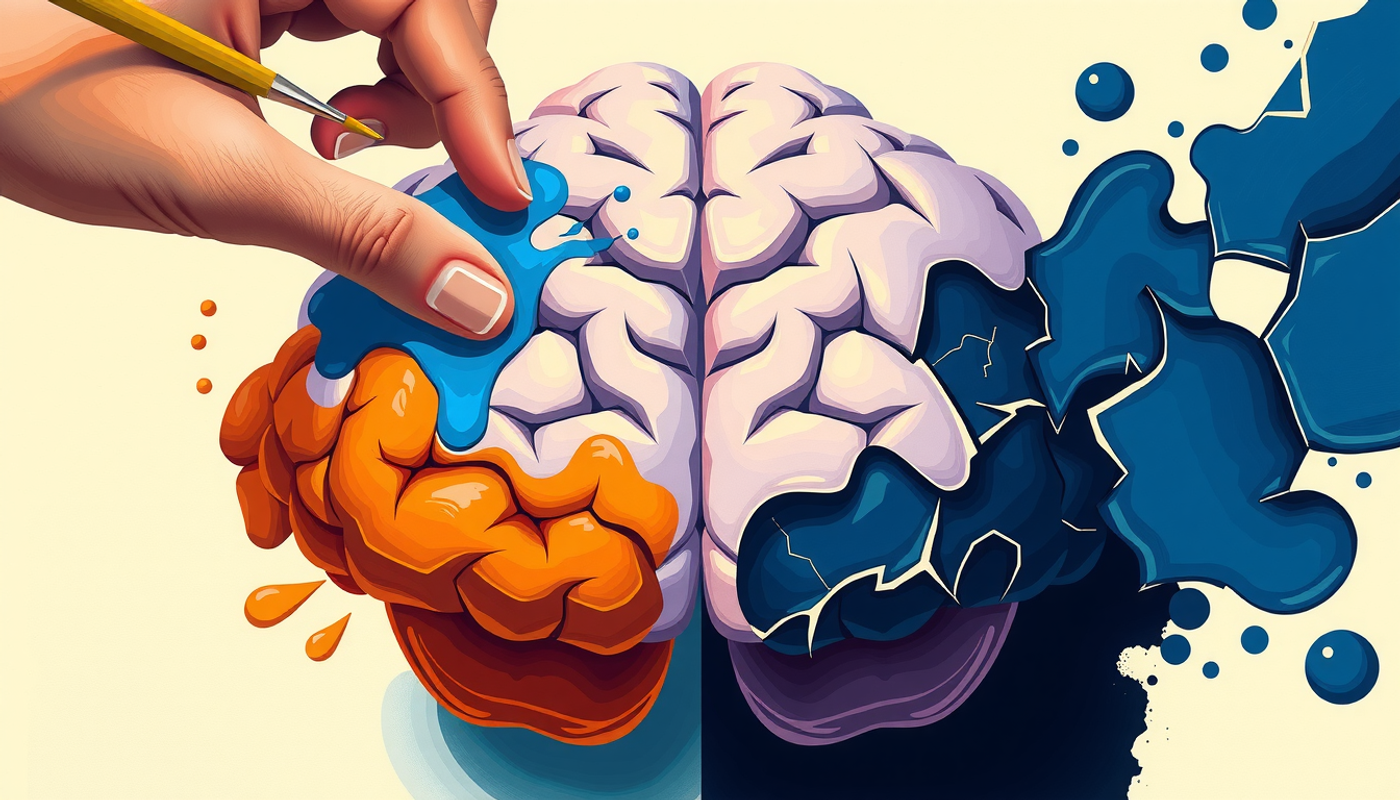 Brain sculpting in watercolor: one side vibrant, the other cracked.