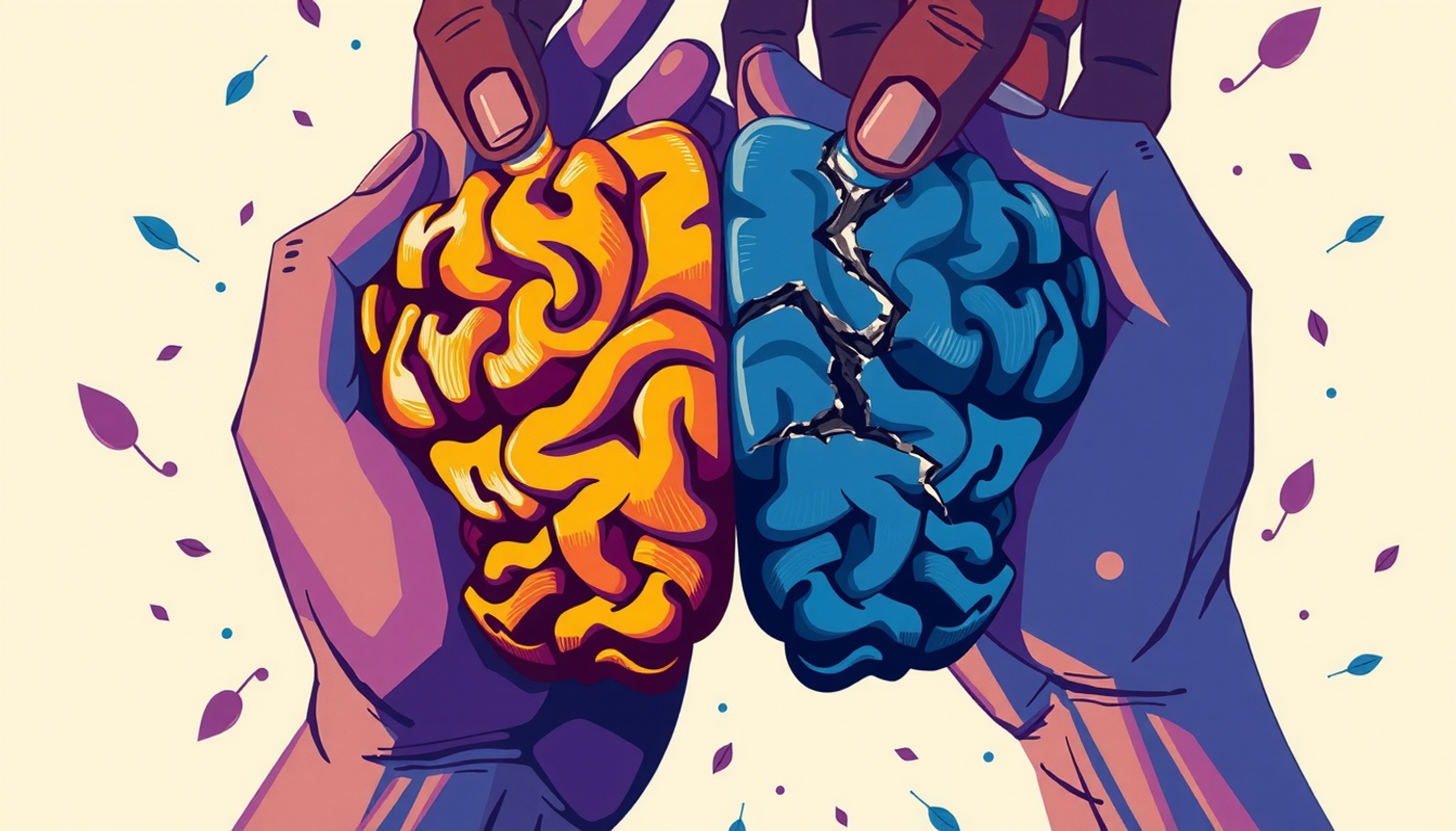 Brain sculpting: one side bright with new pathways, the other cracked.