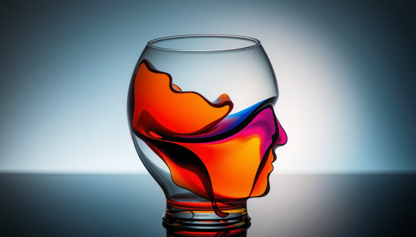 Colliding indigo and amber waves in a brain-shaped vessel.