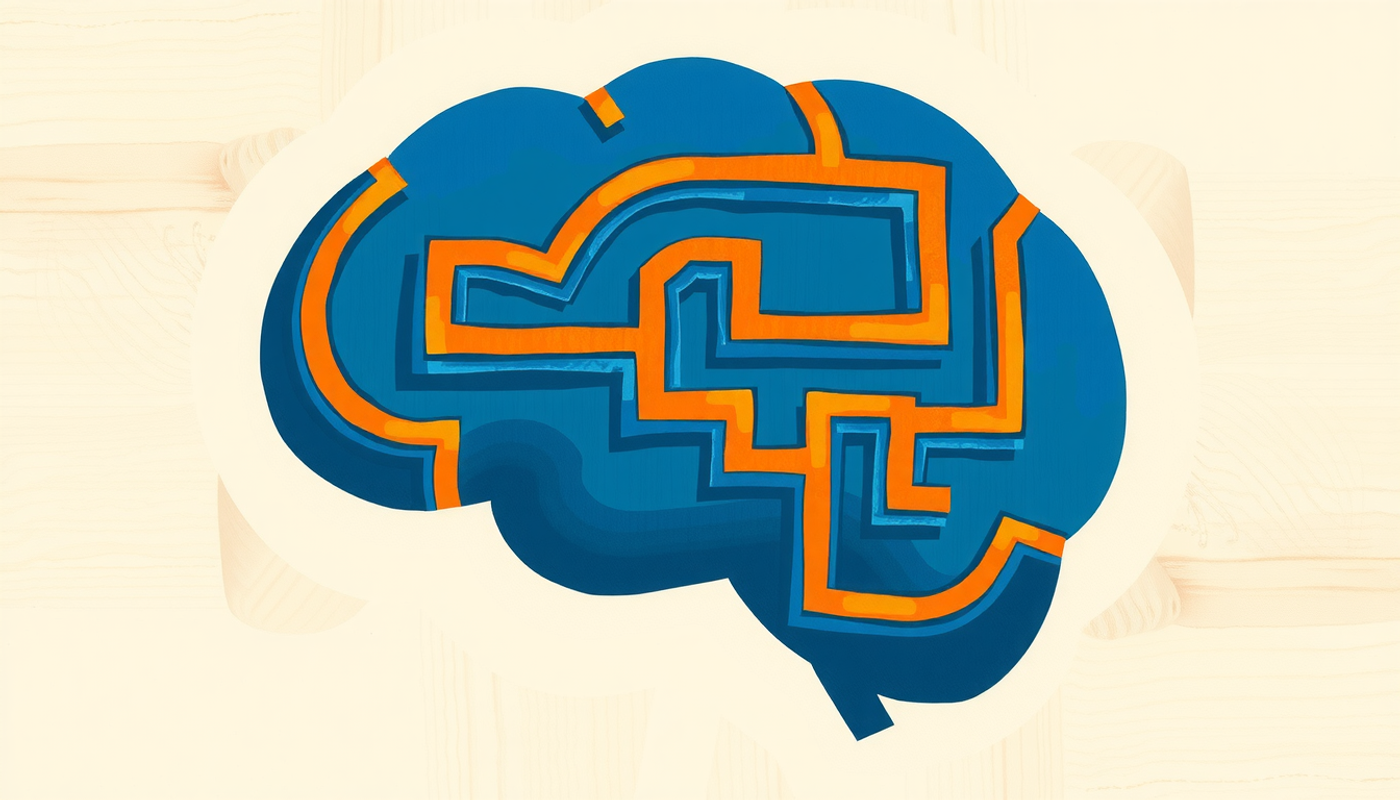 Abstract brain-shaped maze with glowing pathways in deep blue and gold.