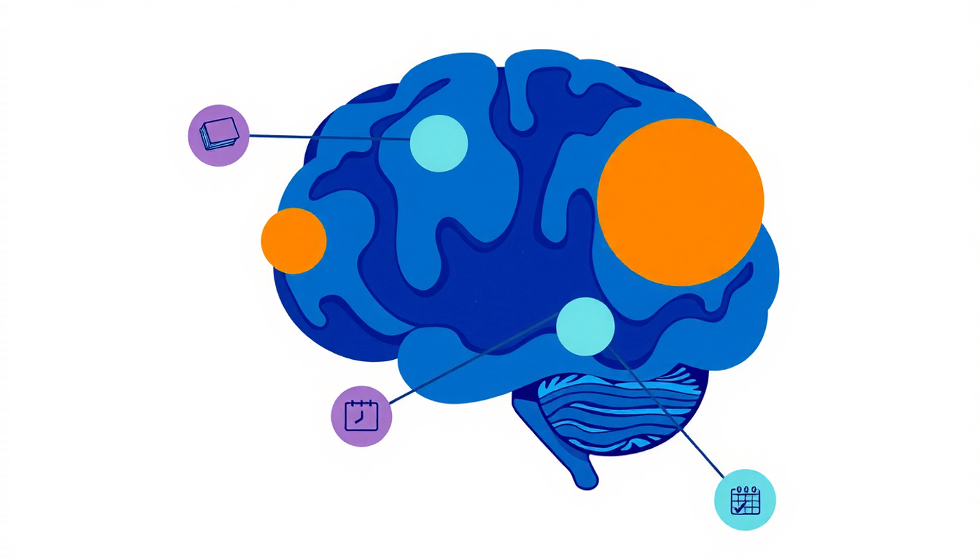 Clean brain outline with glowing zones and study activity icons.