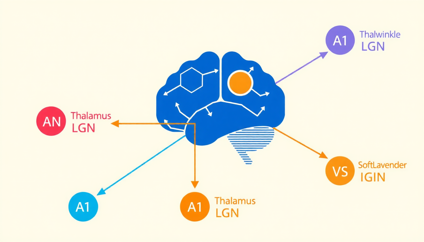 نمودار ساده مسیرهای بینایی و شنوایی در مغز با برچسب‌های مشخص