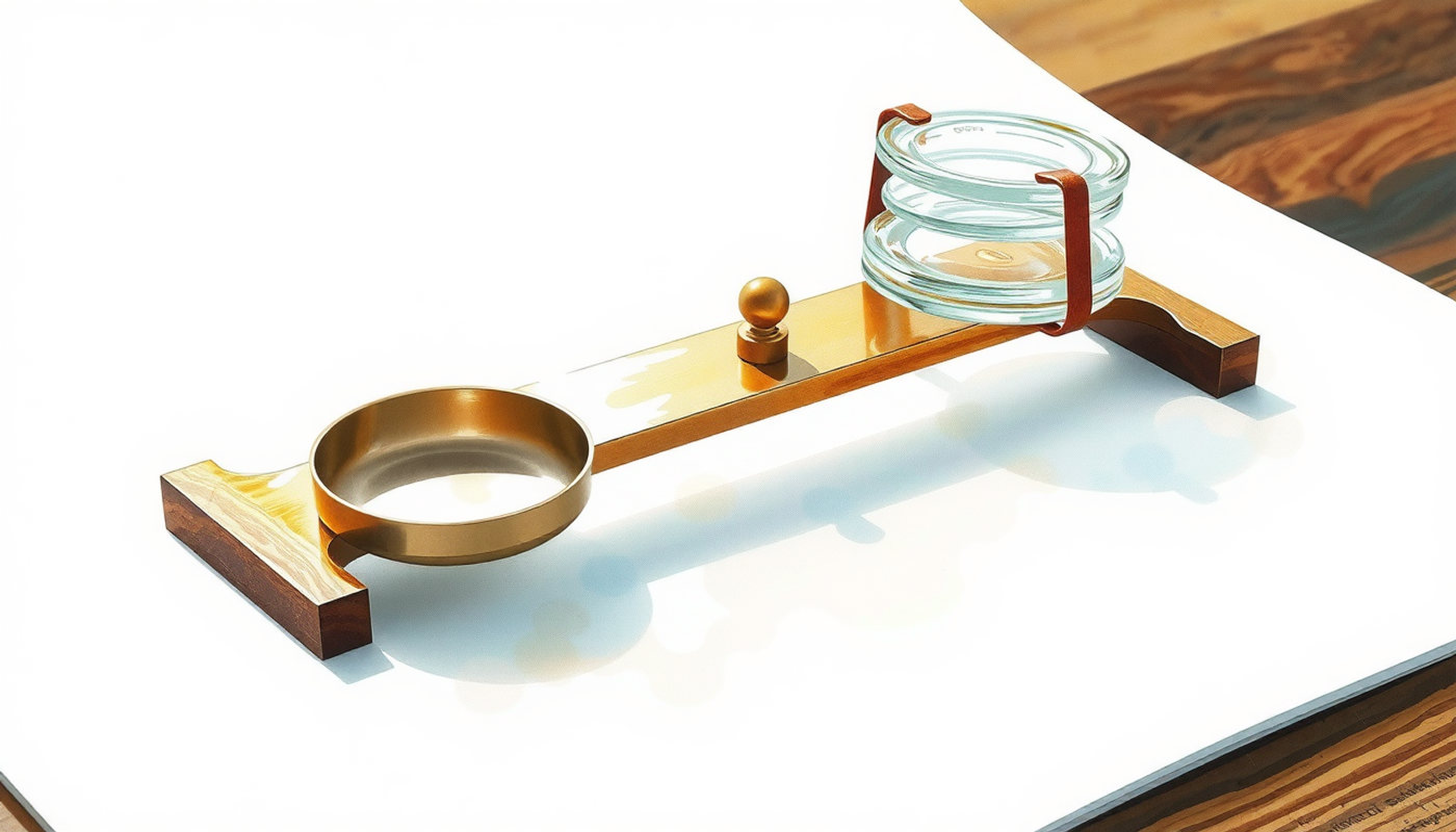 Brass balance beam with glass plates on dark wood surface.