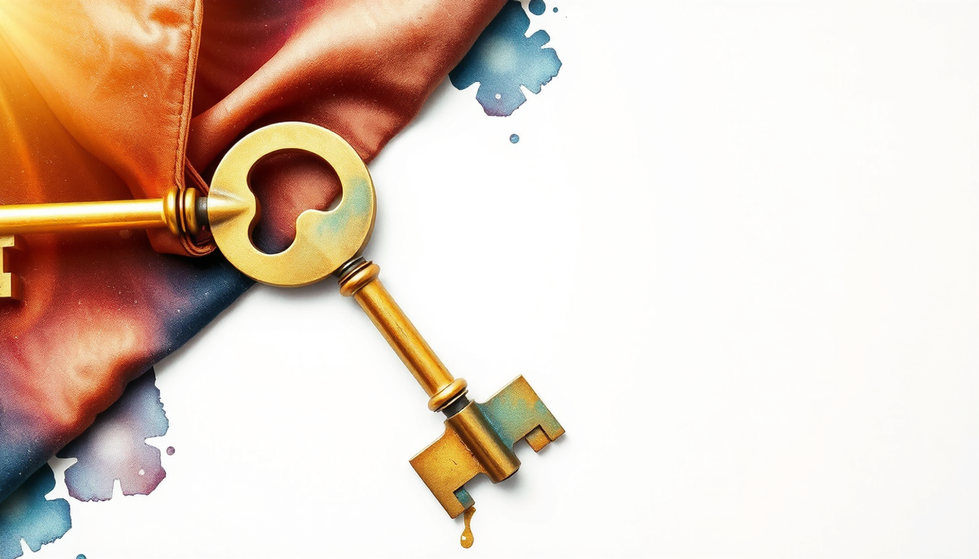 Two brass keys on dark velvet, one polished, one patinaed.