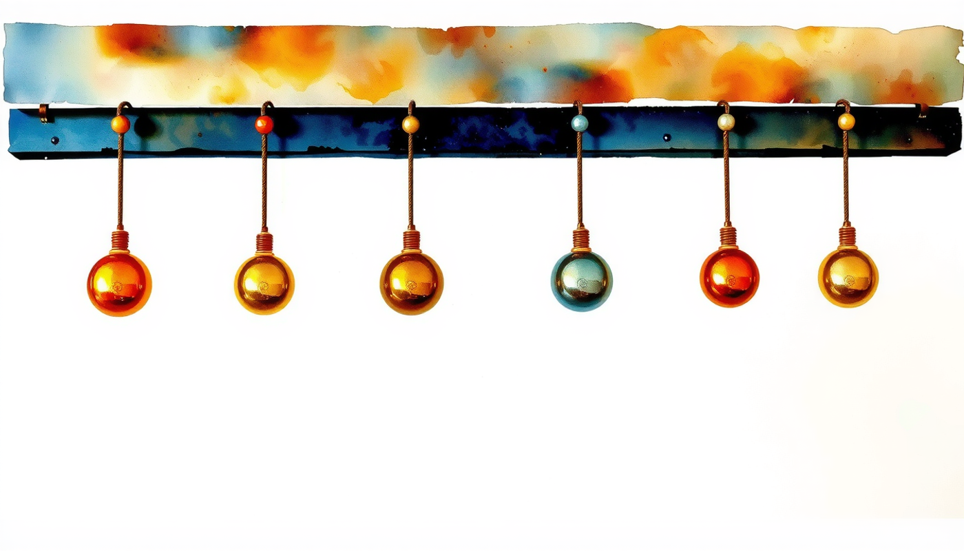 Identical brass pendulums in mid-swing against a dark beam.