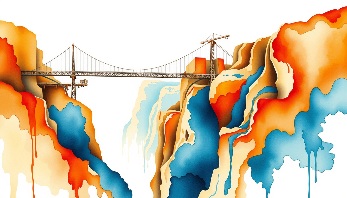 Bridge construction across a canyon, contrasting warm and cool lighting.